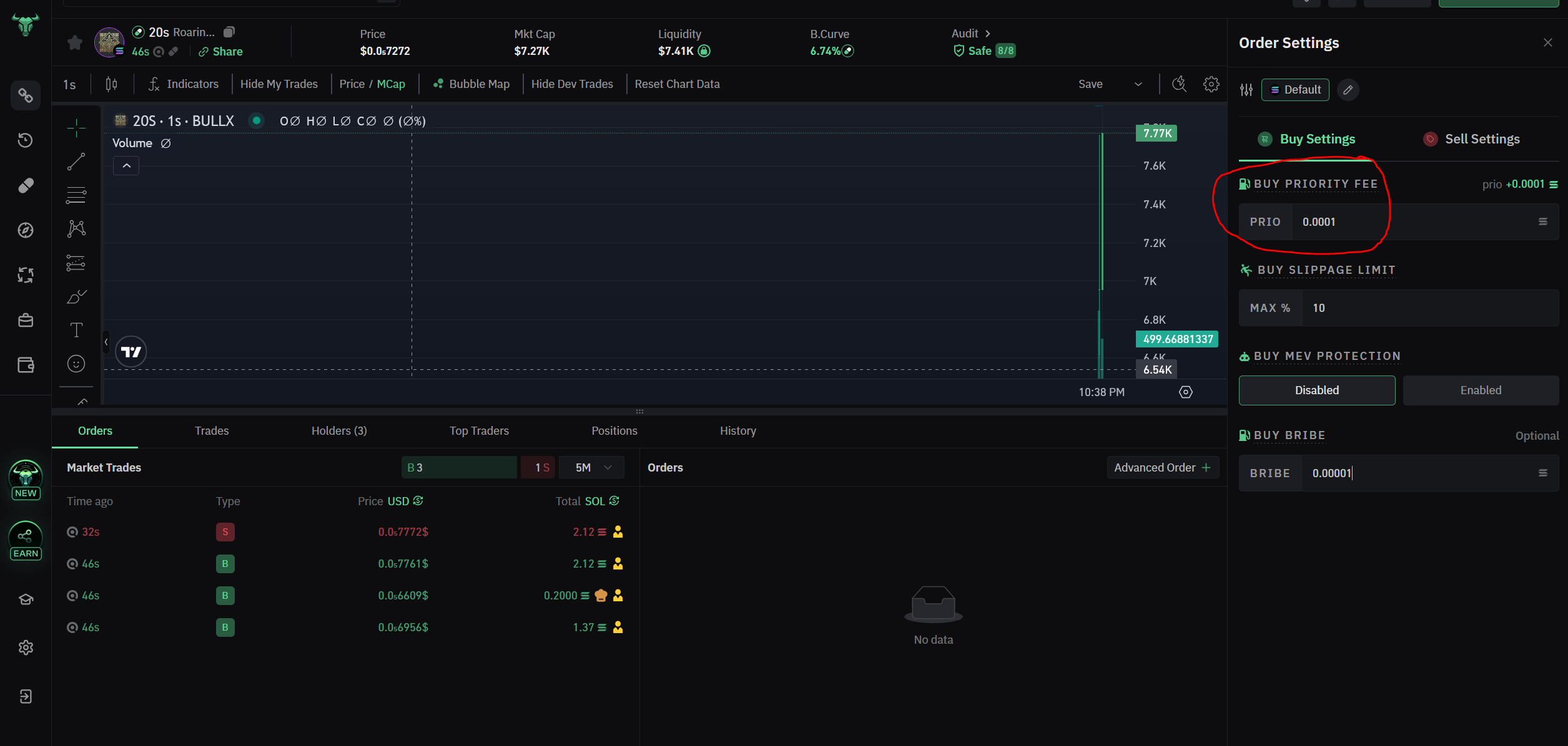 bullx priority fee settings